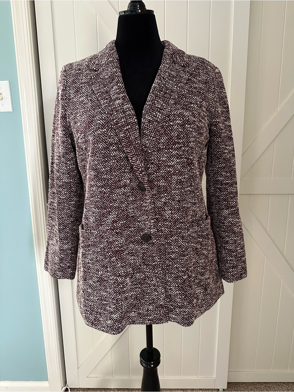 Talbots Petite 16P Plum Cream Herringbone Tweed Blazer Jacket NWOT